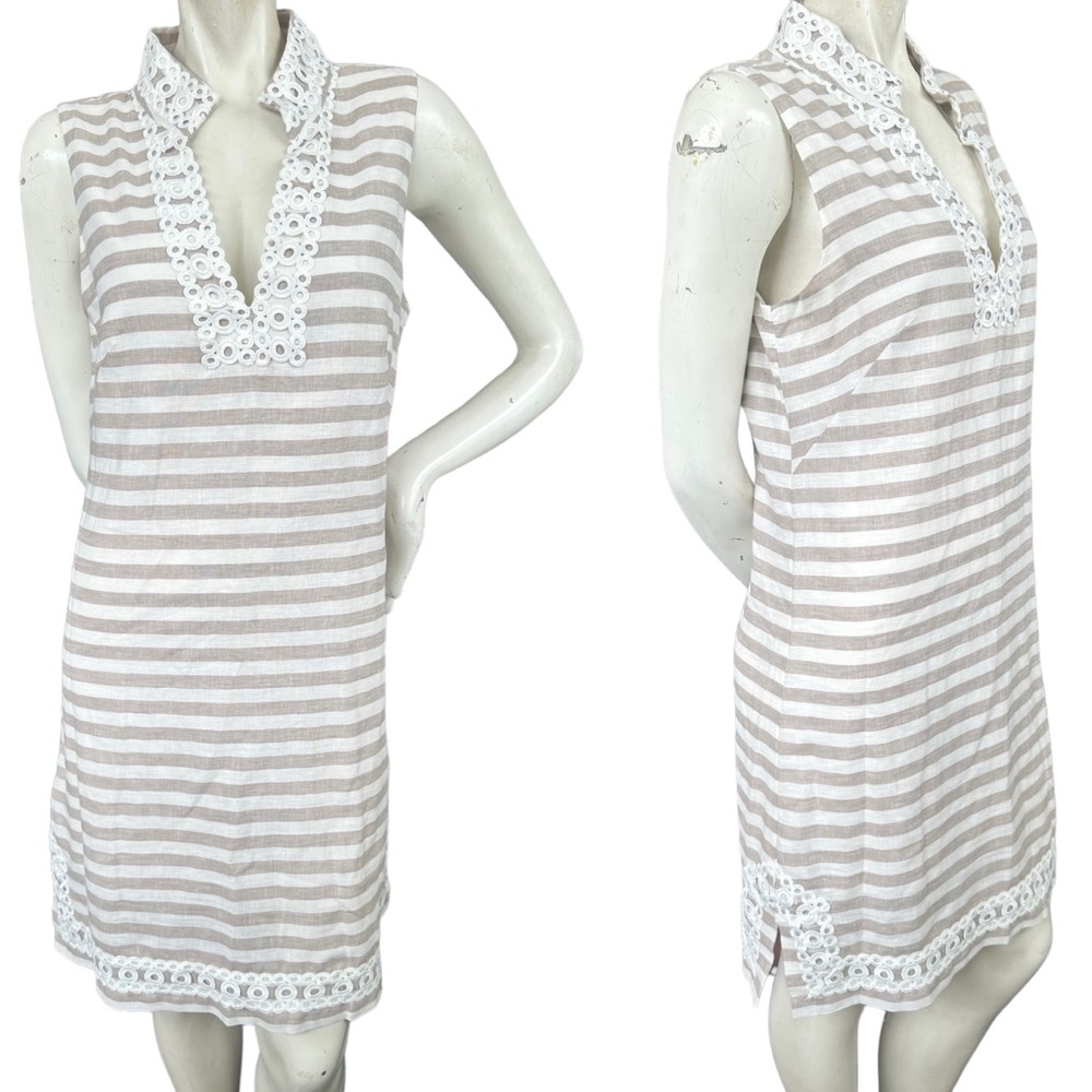 Eliza J Coastal Beige & Cream Striped Eyelet Trim Linen Blend Shift Dress 10